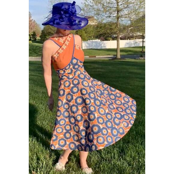AUTUMN ADEIGBO Blue Orange 100% Cotton Floral Print Sleeveless Sade Dress size 0 - Picture 1 of 16